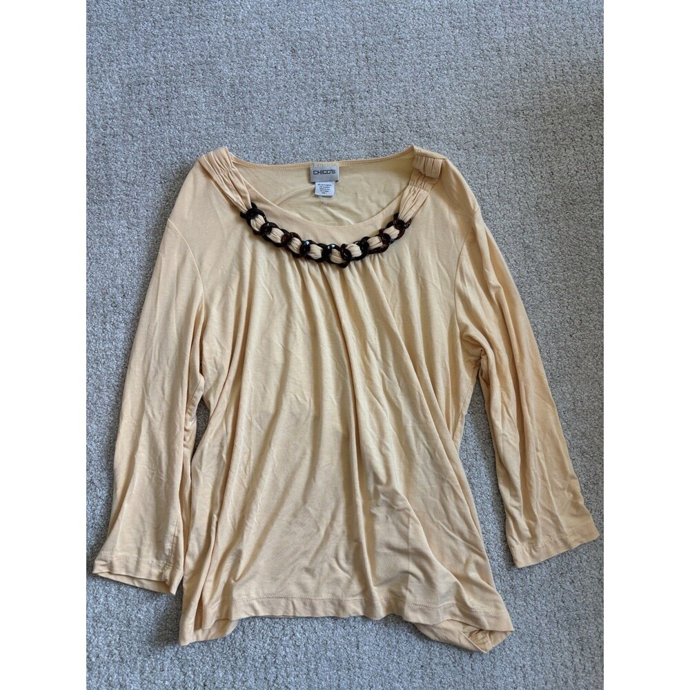 Chico's Size 2 Yellow Micromodal Top 3/4 Sleeve Beaded Tortoise Shell Neck Large